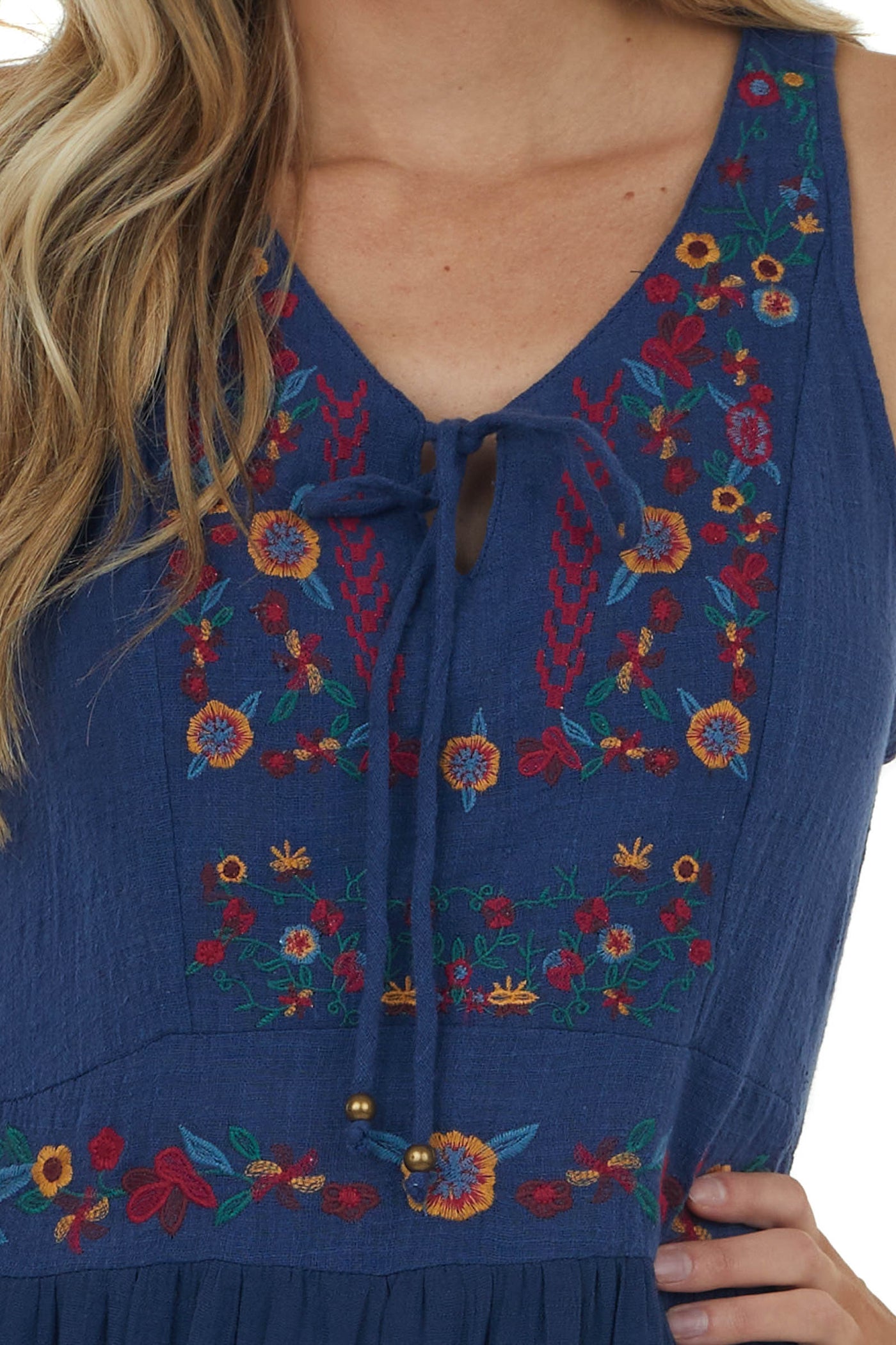 Navy Floral Embroidered Sleeveless Maxi Dress