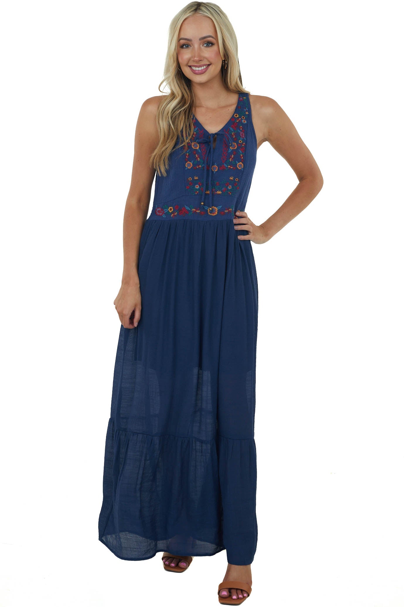 Navy Floral Embroidered Sleeveless Maxi Dress