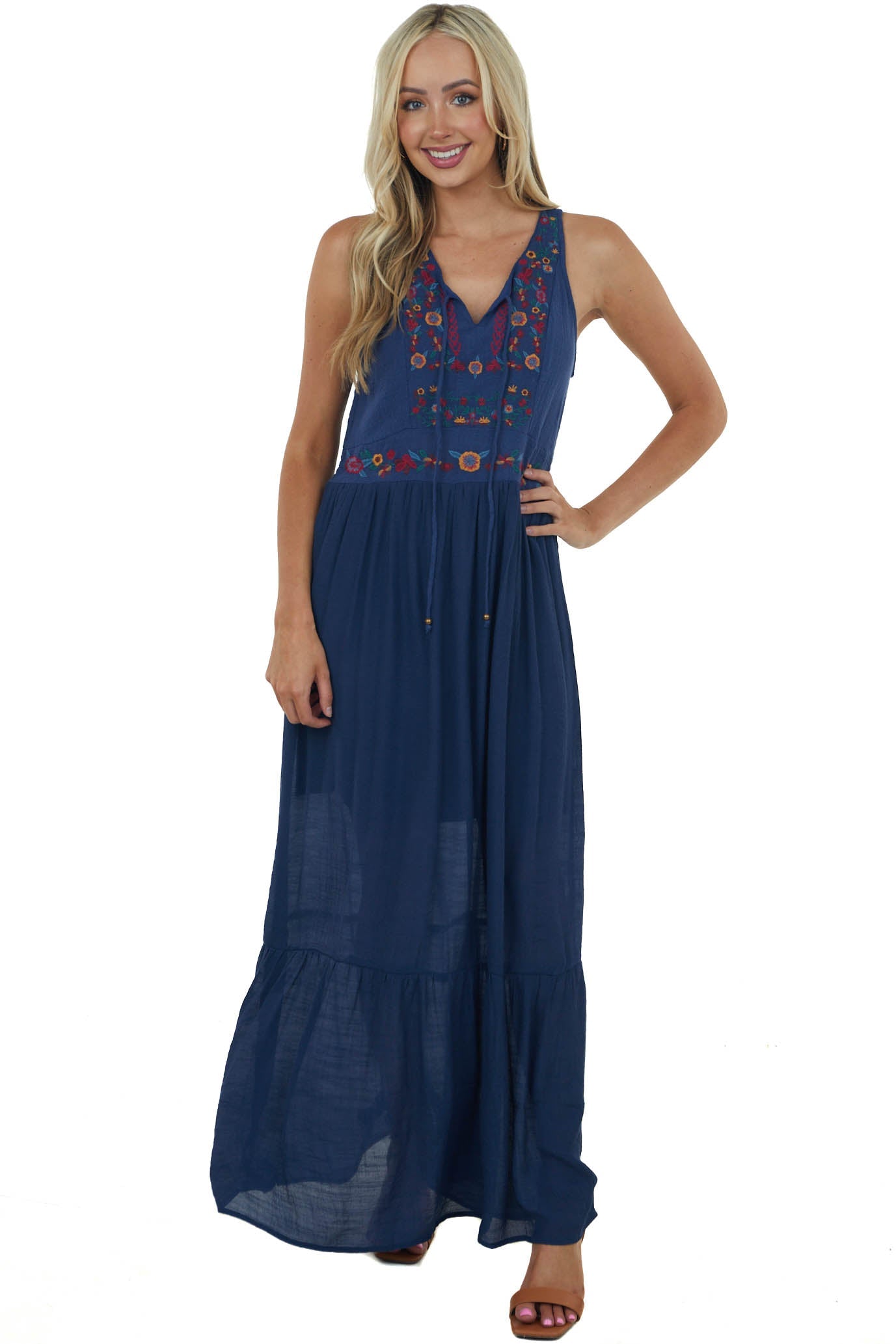 Navy Floral Embroidered Sleeveless Maxi Dress