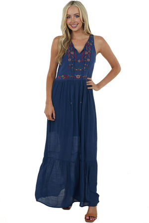 Navy Floral Embroidered Sleeveless Maxi Dress
