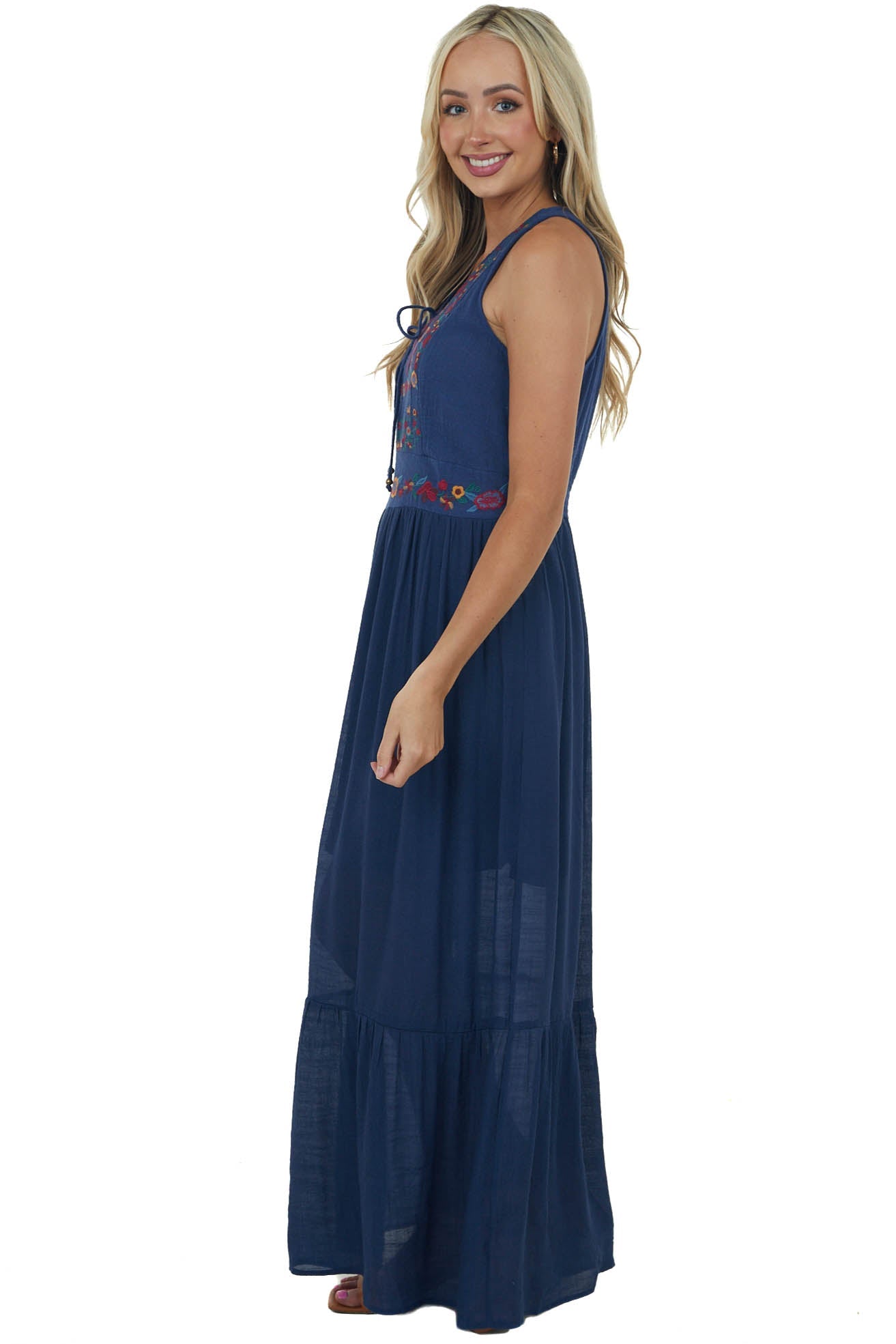 Navy Floral Embroidered Sleeveless Maxi Dress