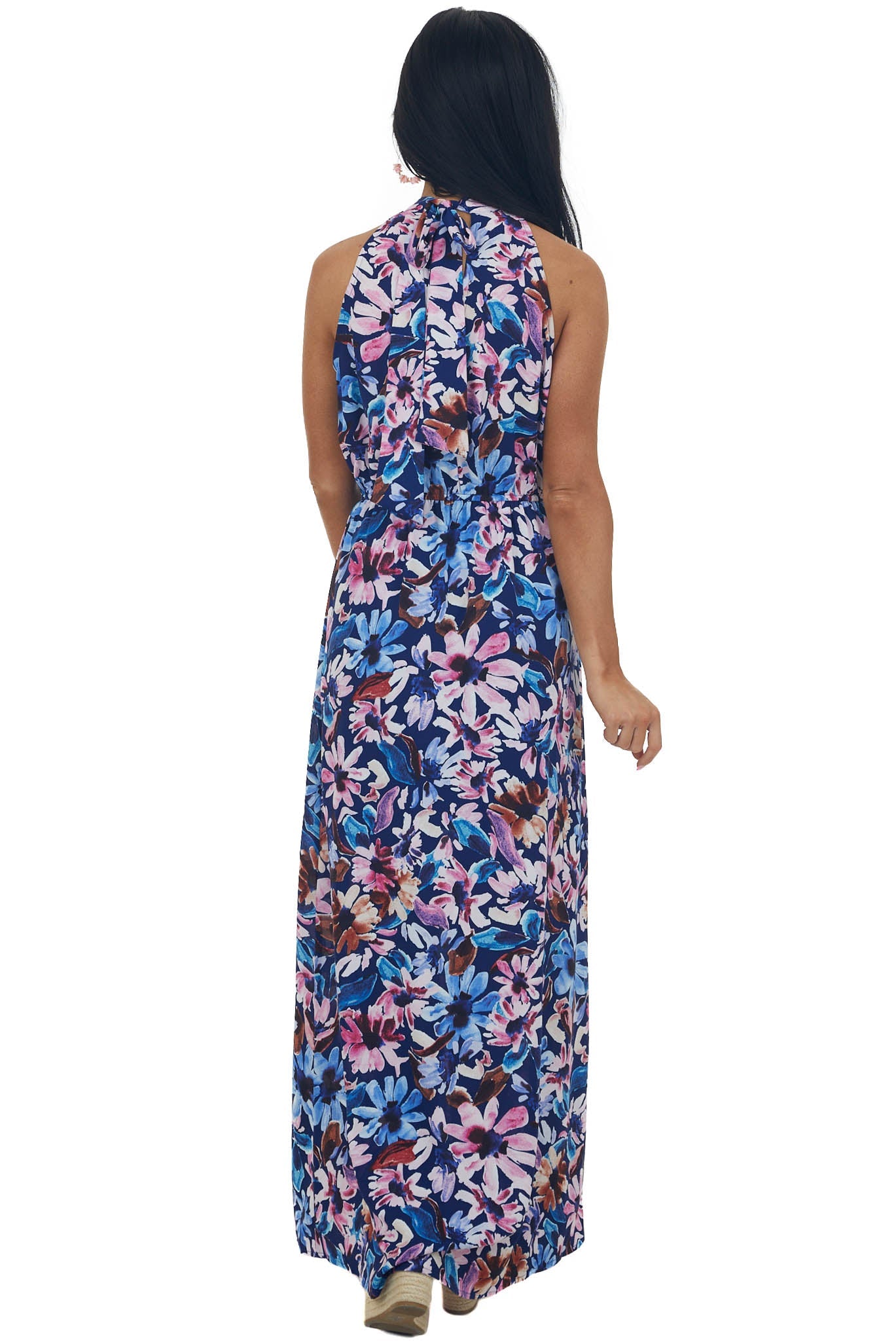 Navy Floral Print Halter Neck Maxi Dress