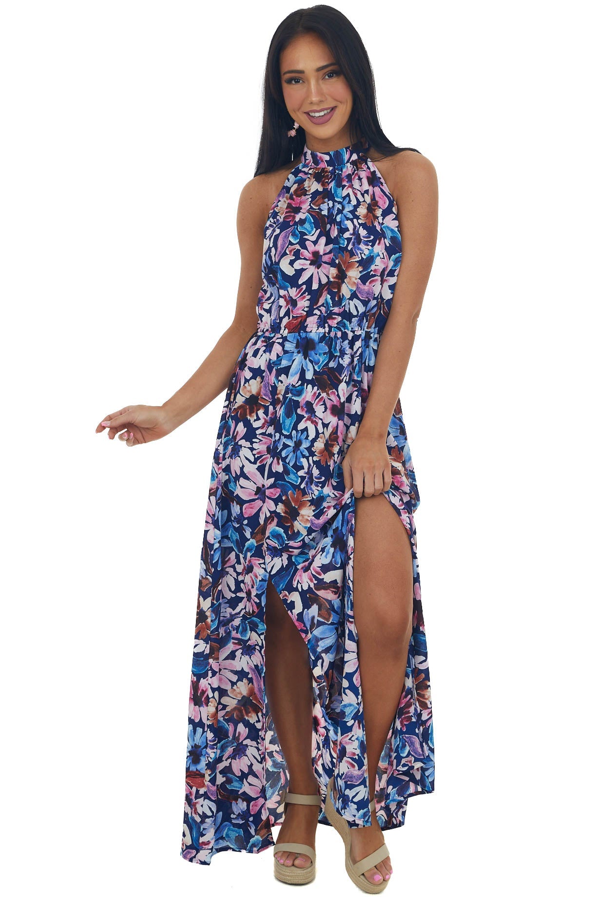 Navy Floral Print Halter Neck Maxi Dress