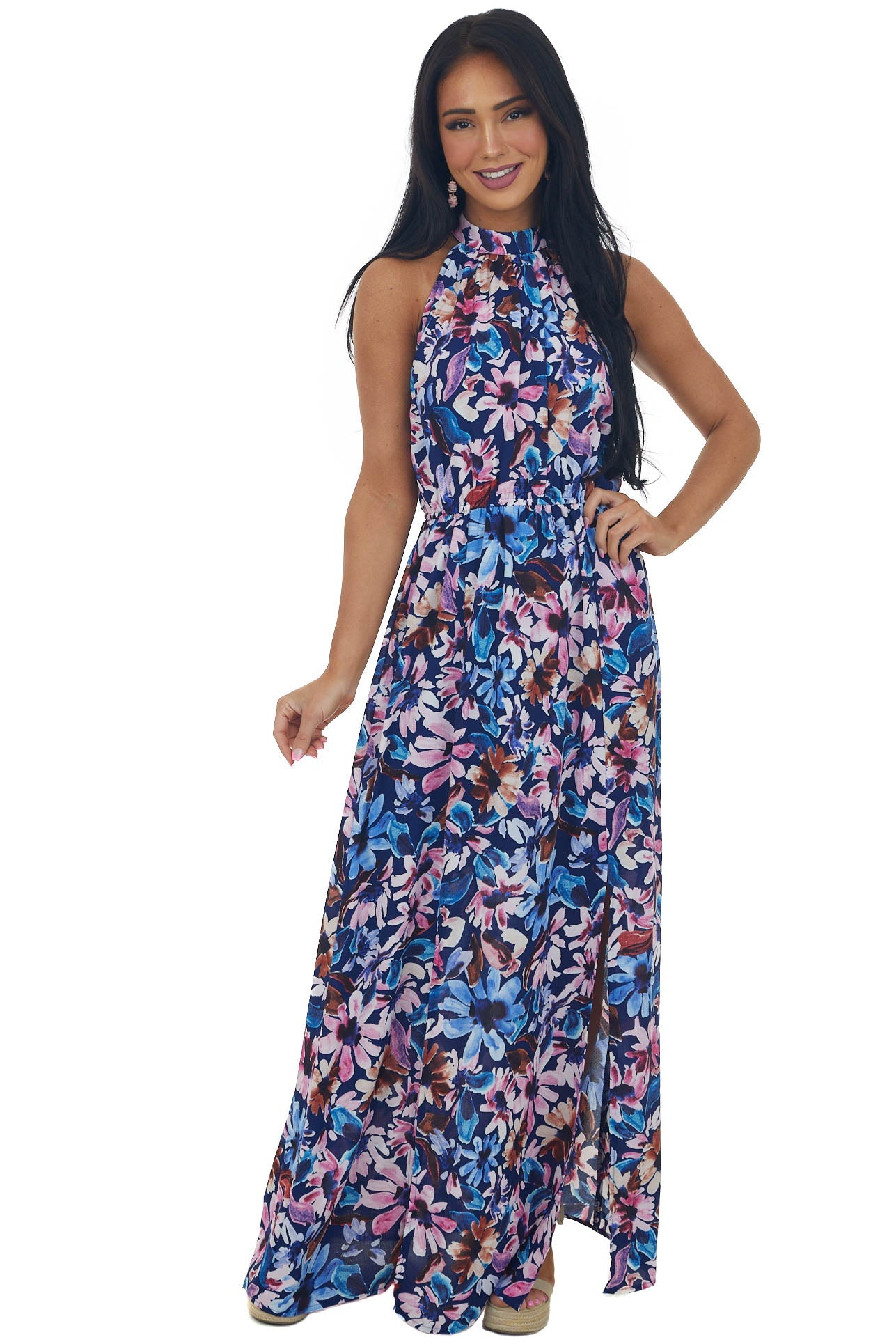 Navy Floral Print Halter Neck Maxi Dress