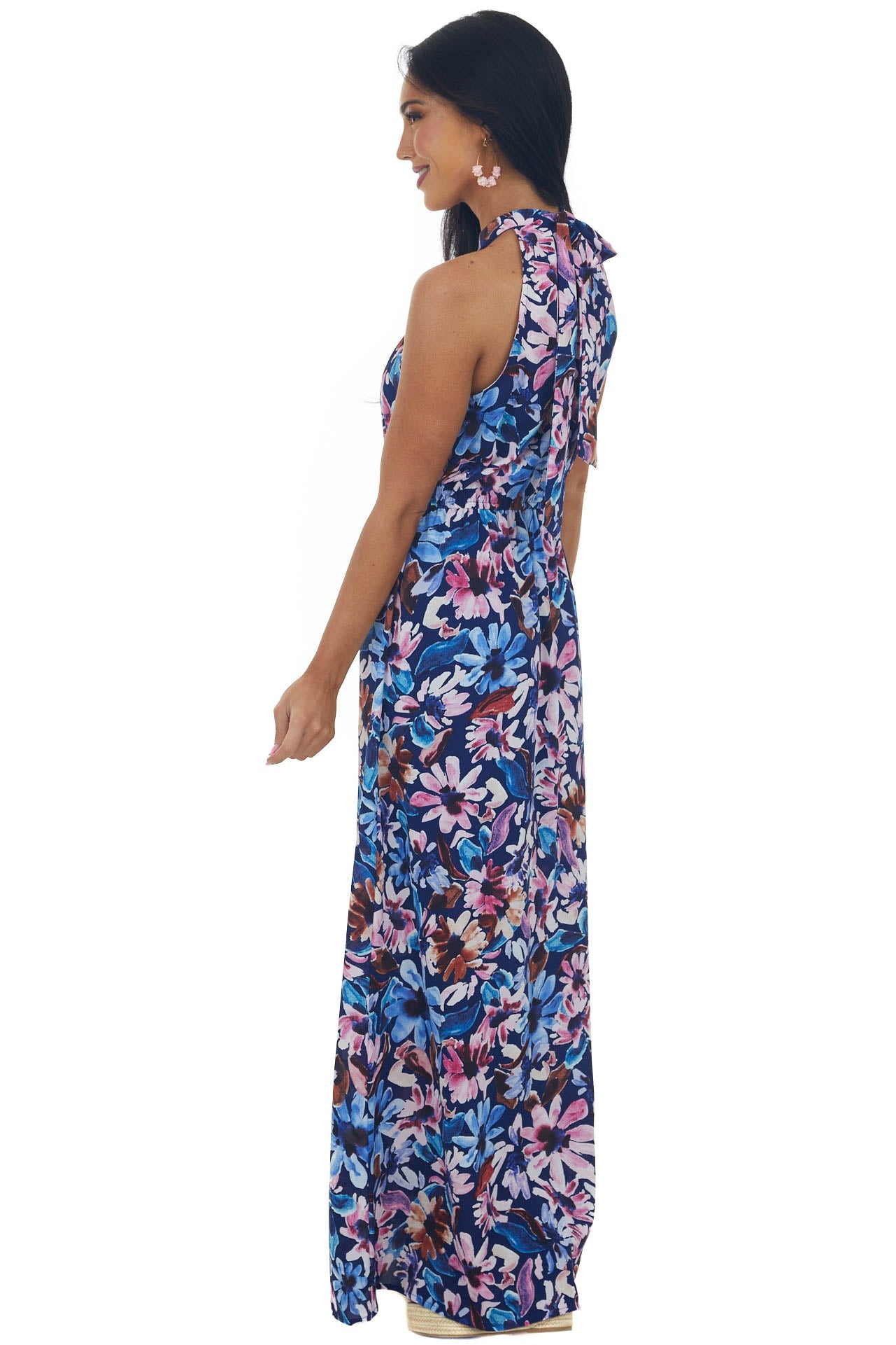 Navy Floral Print Halter Neck Maxi Dress