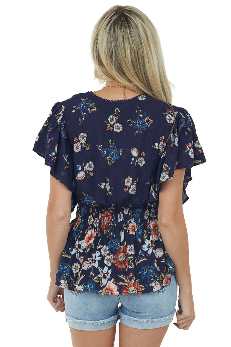 Navy Floral Print Surplice Peplum Blouse