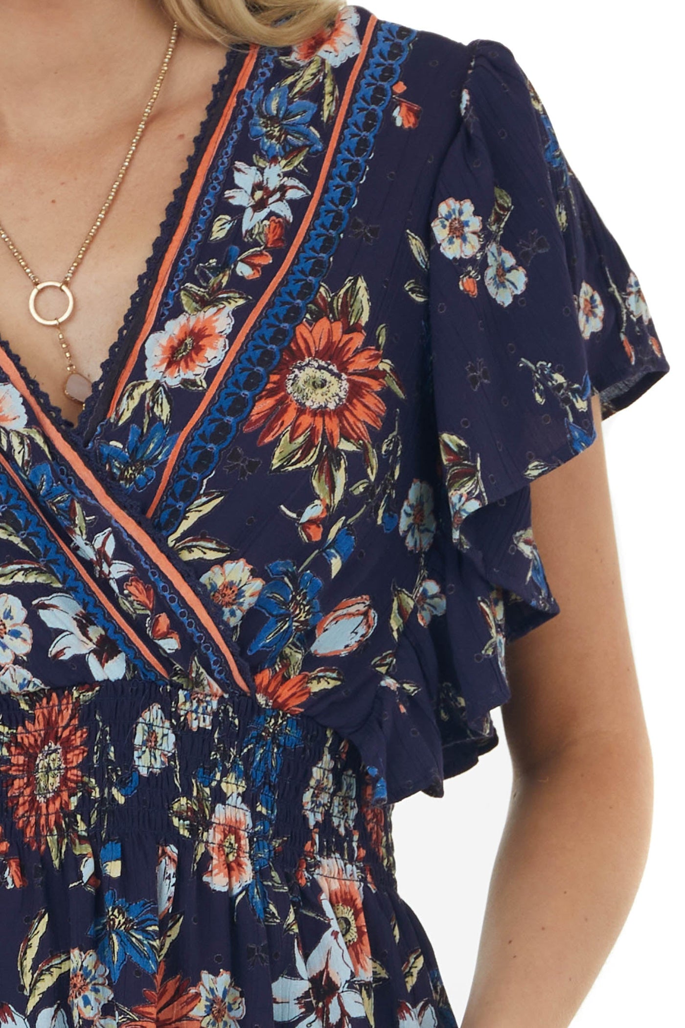 Navy Floral Print Surplice Peplum Blouse