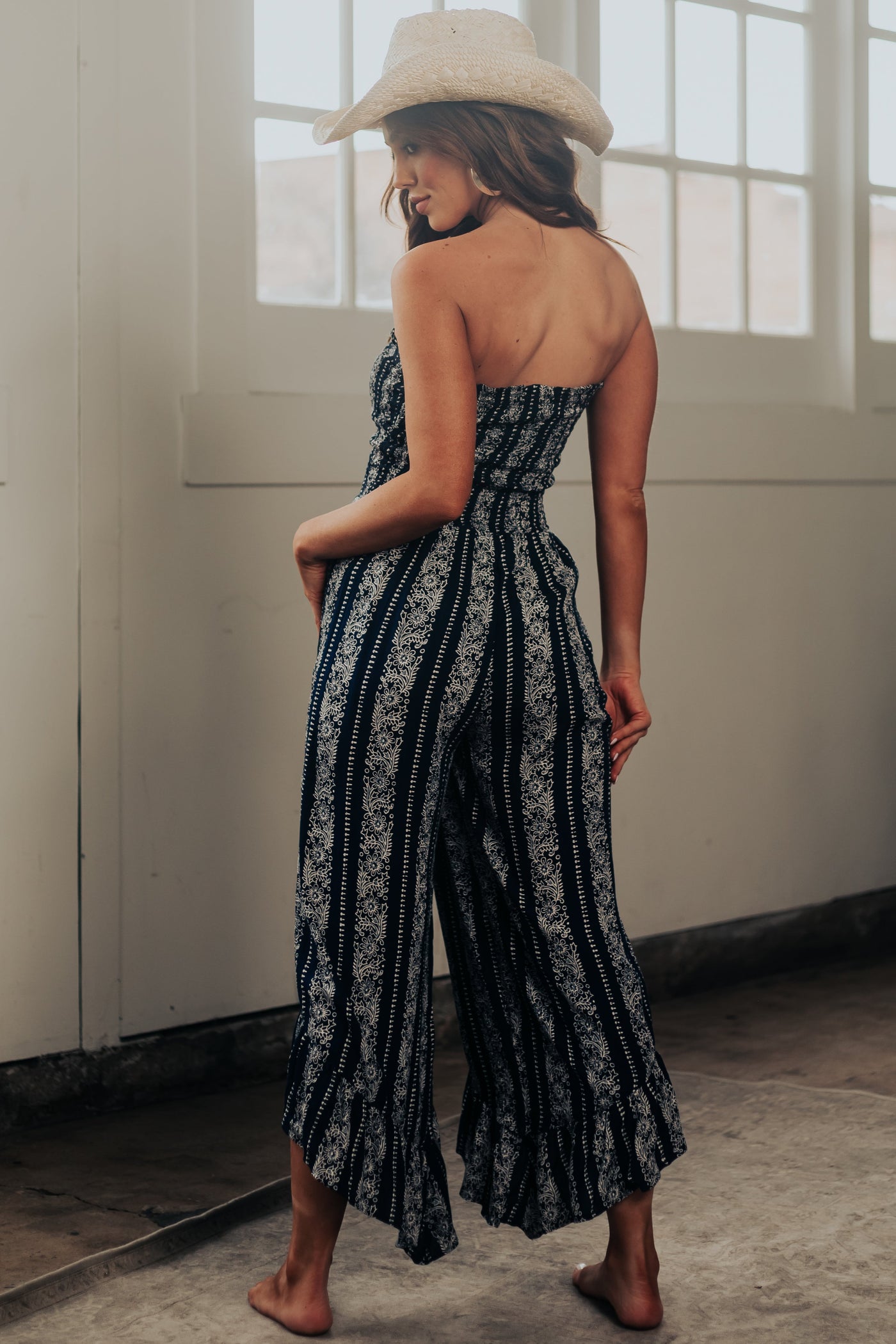Navy Floral Striped Strapless Smocked Jumpsuit