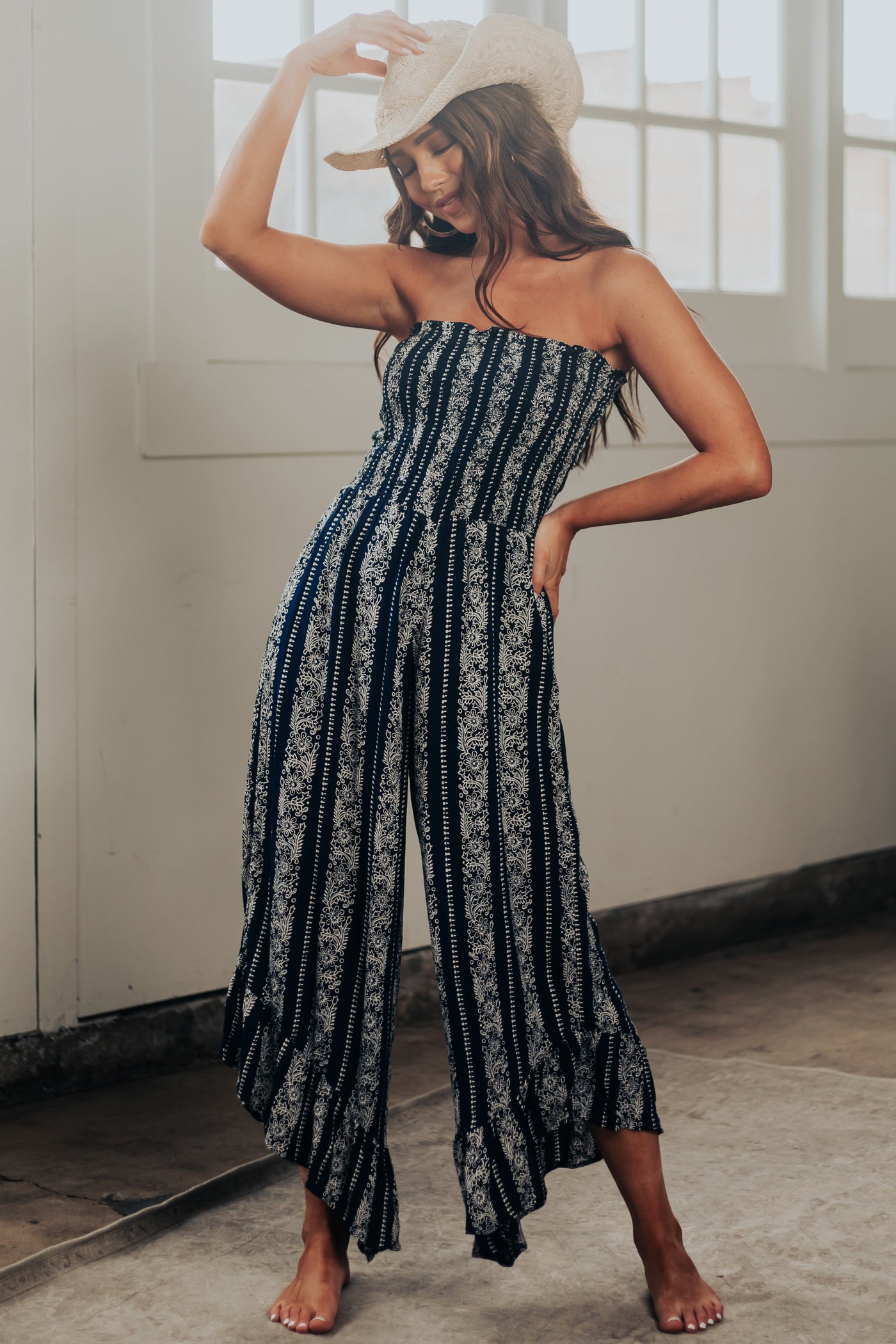 Navy Floral Striped Strapless Smocked Jumpsuit