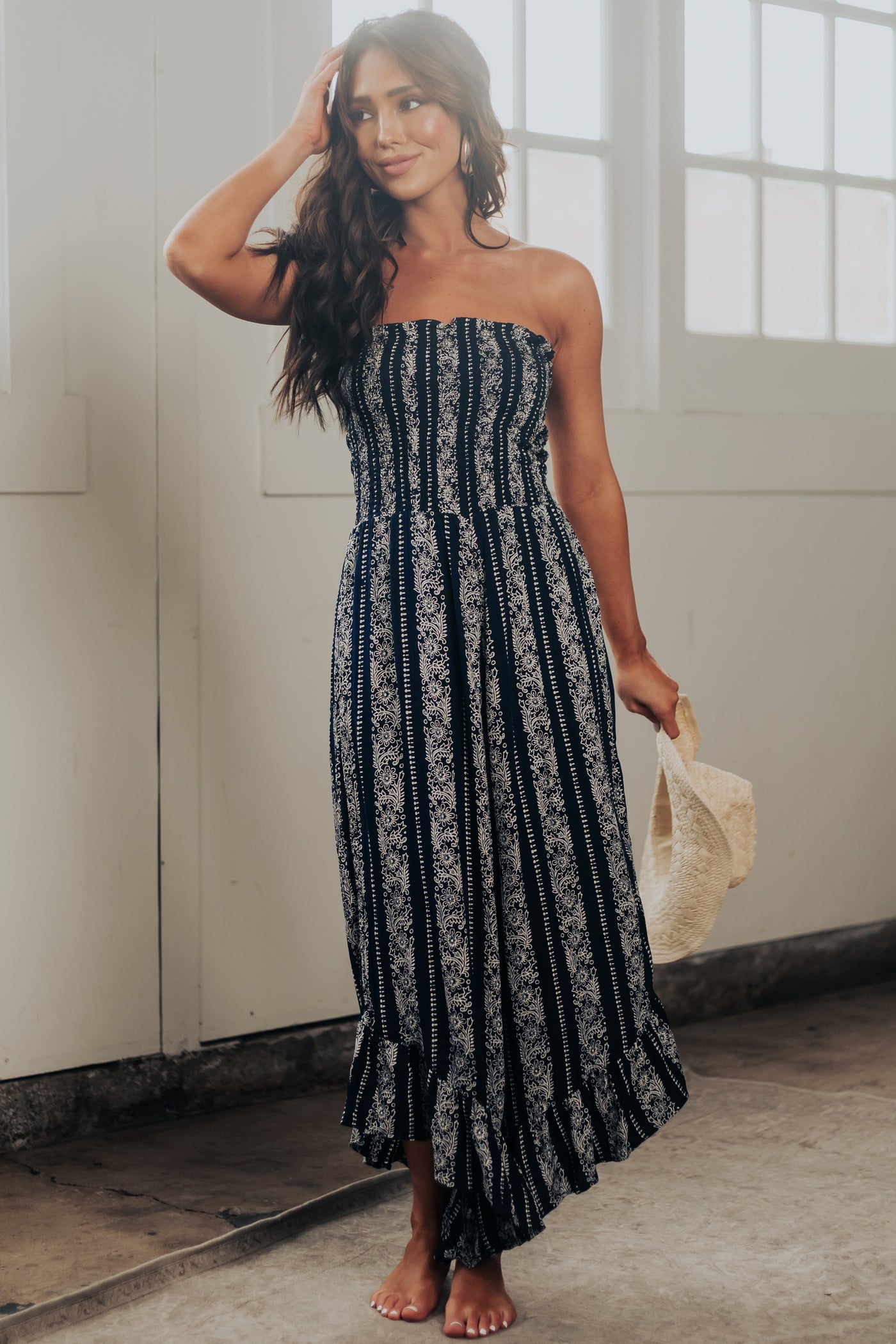 Navy Floral Striped Strapless Smocked Jumpsuit