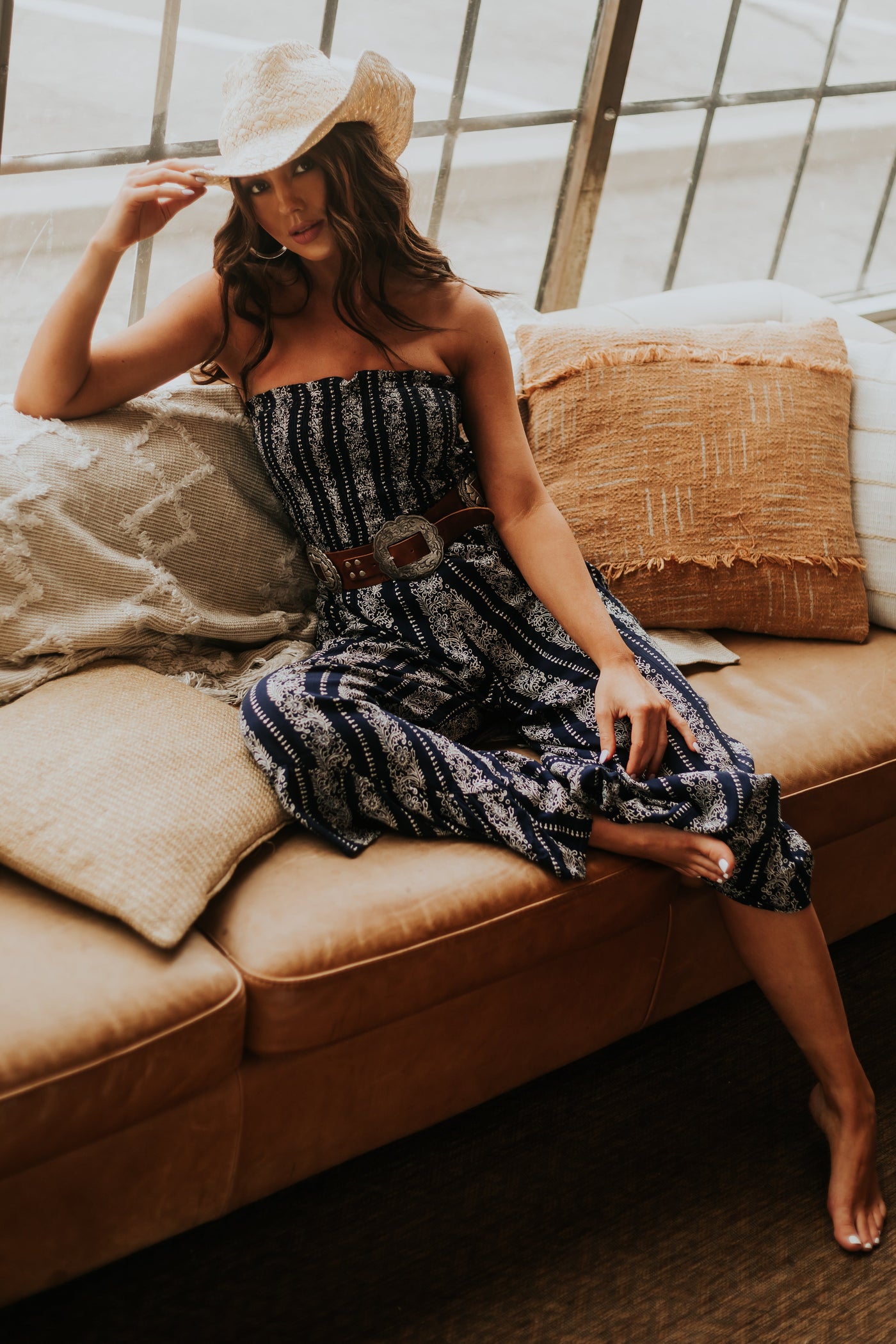 Navy Floral Striped Strapless Smocked Jumpsuit