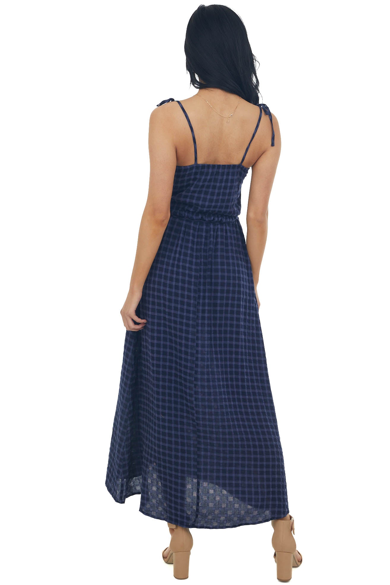 Navy Gingham Smocked Tie Strap Midi Dress