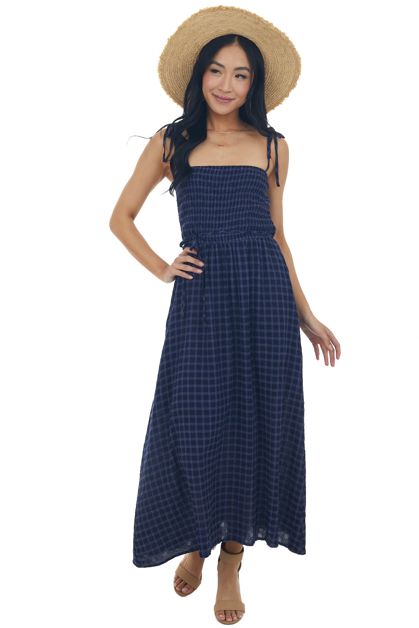 Navy Gingham Smocked Tie Strap Midi Dress