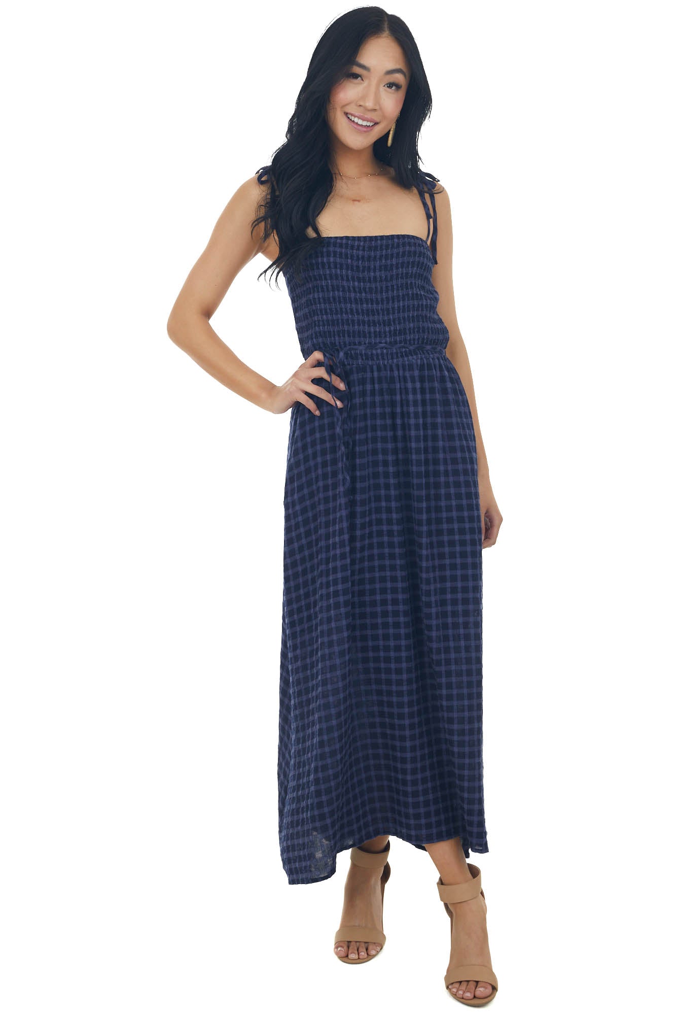Navy Gingham Smocked Tie Strap Midi Dress