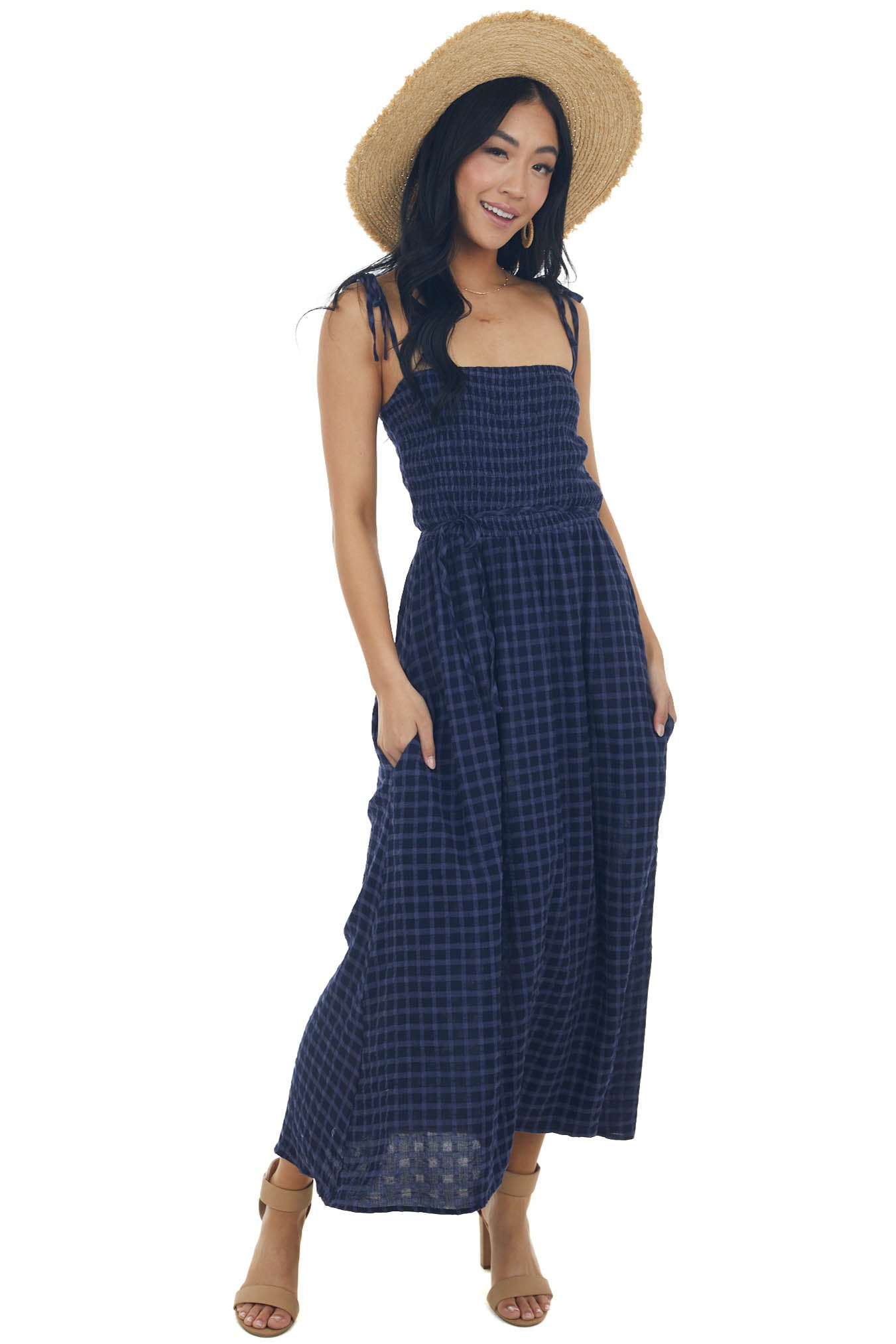 Navy Gingham Smocked Tie Strap Midi Dress