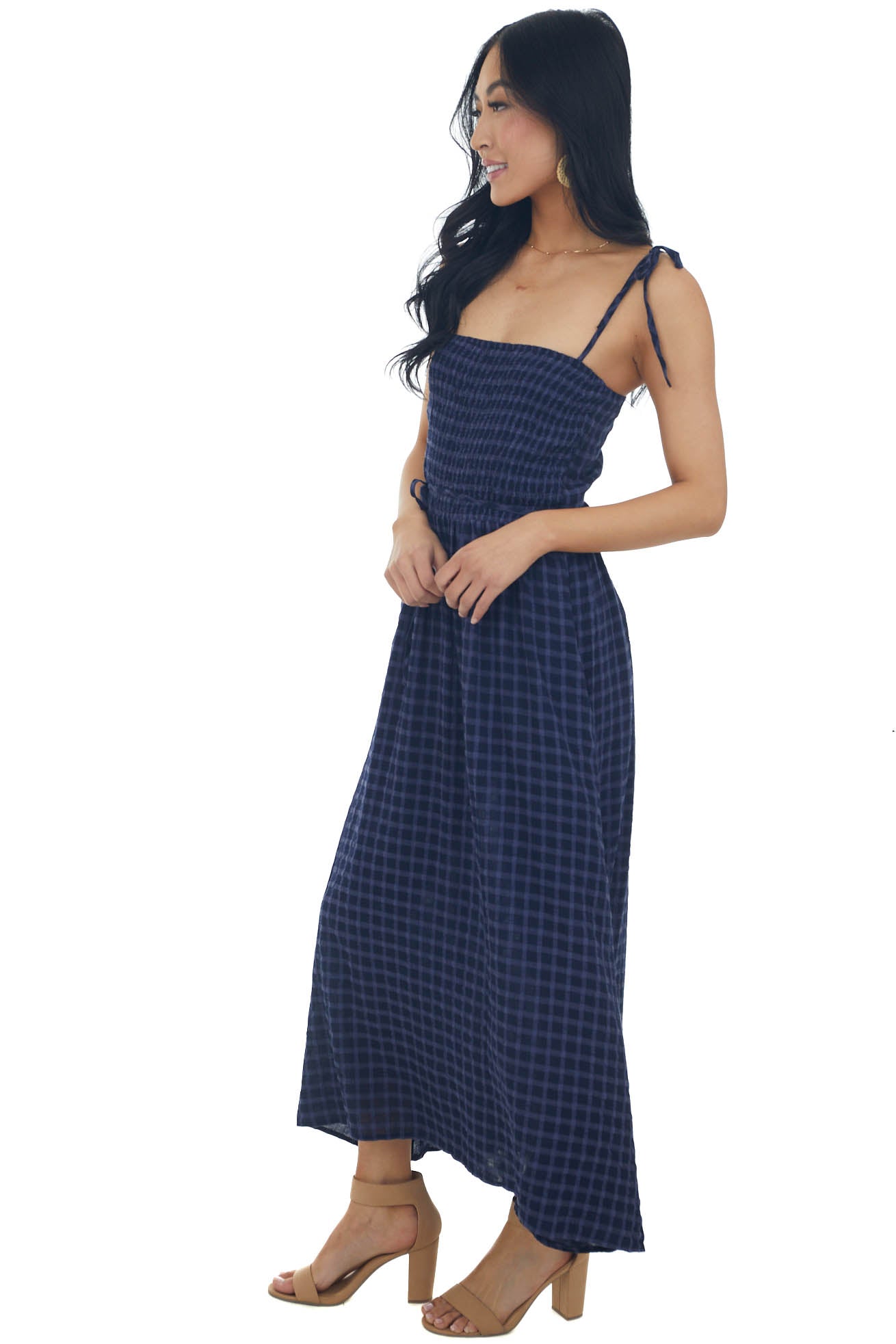 Navy Gingham Smocked Tie Strap Midi Dress