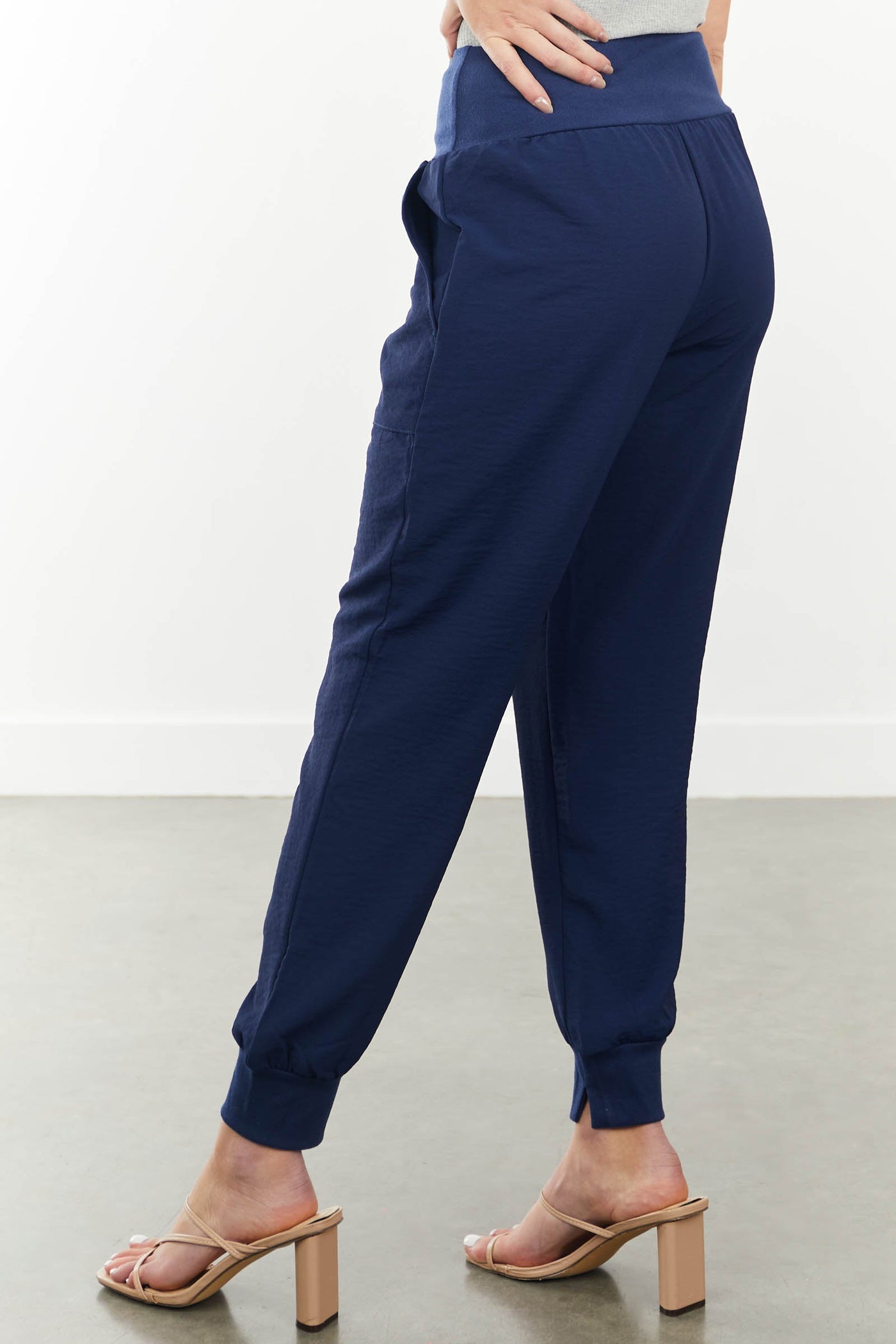 Navy High Waisted Woven Joggers with Side Pockets