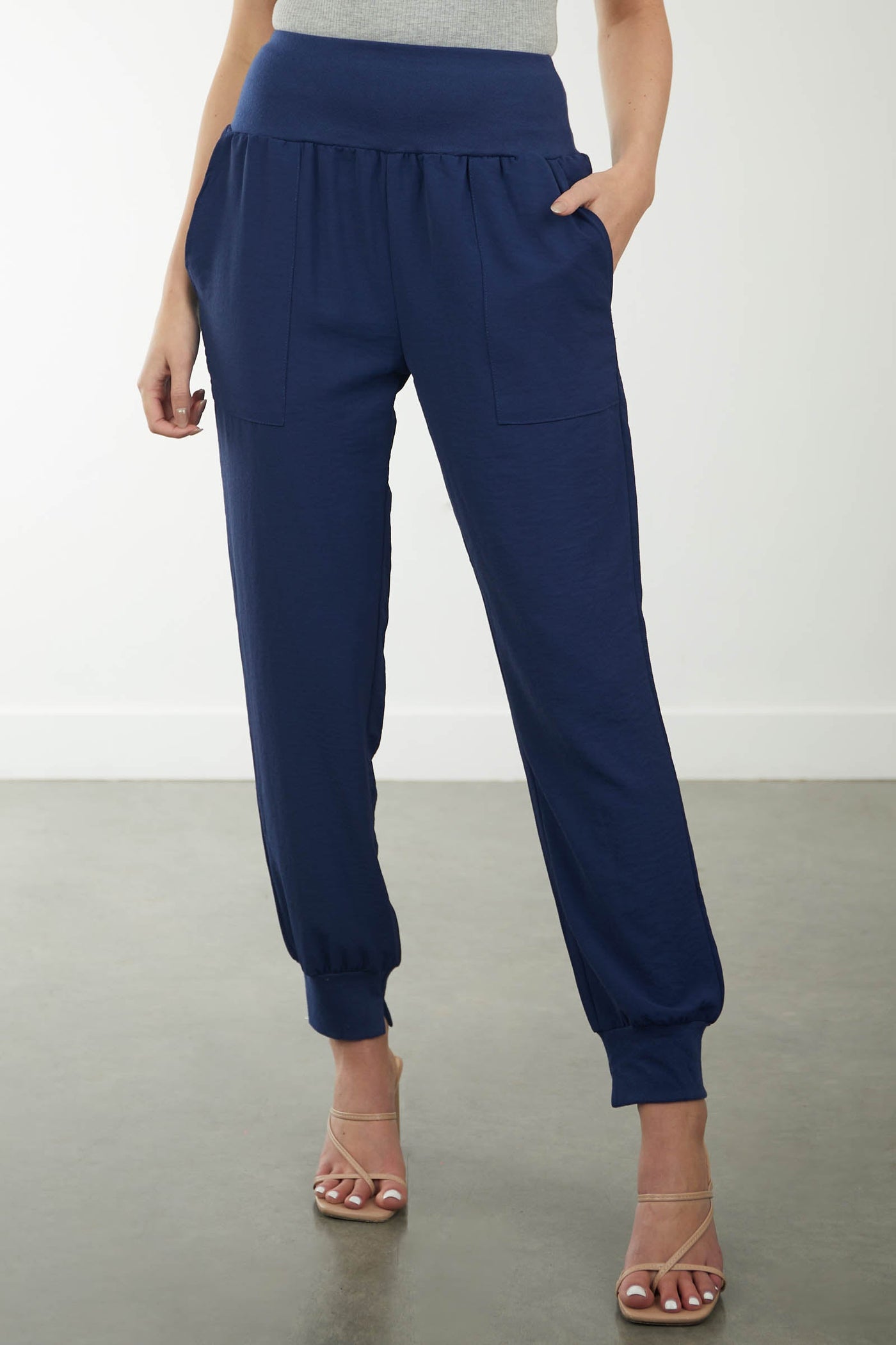 Navy High Waisted Woven Joggers with Side Pockets