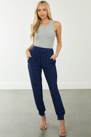 Navy High Waisted Woven Joggers with Side Pockets
