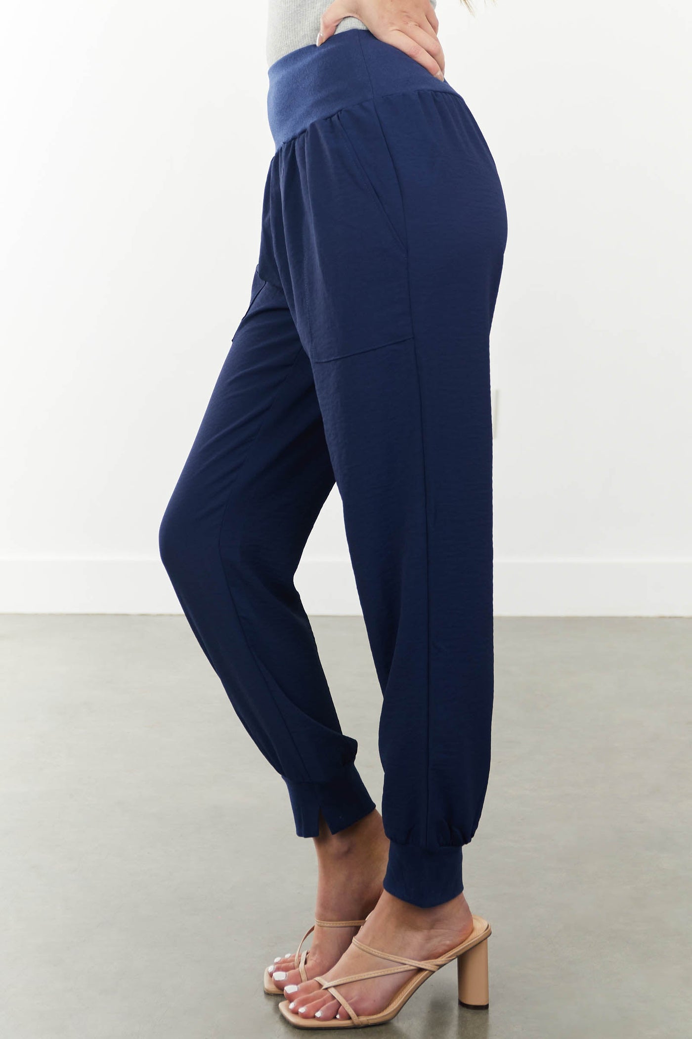 Navy High Waisted Woven Joggers with Side Pockets