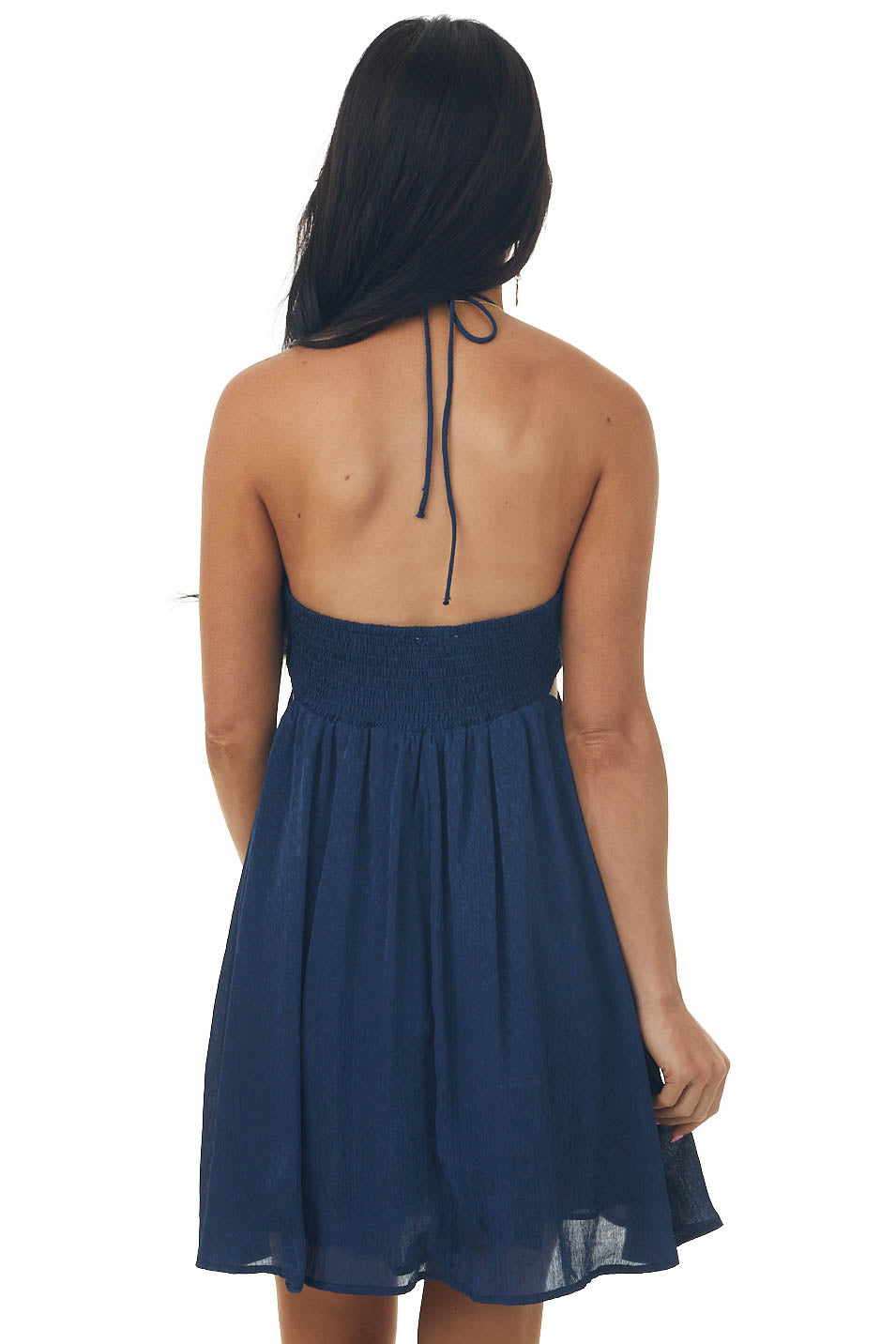Navy Jacquard Floral Shirred Bust Halter Dress