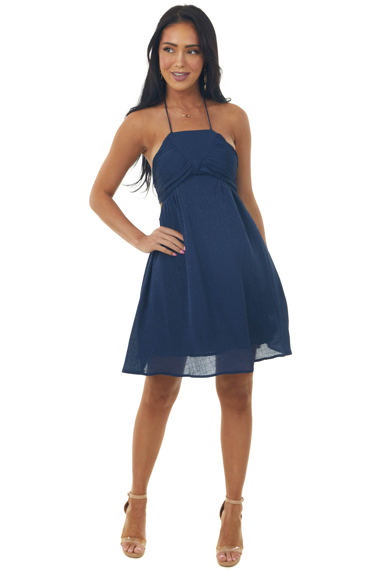 Navy Jacquard Floral Shirred Bust Halter Dress