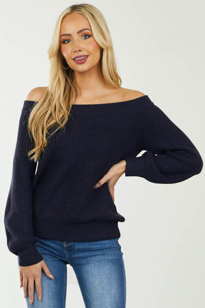 Navy Long Sleeve Off Shoulder Knit Sweater