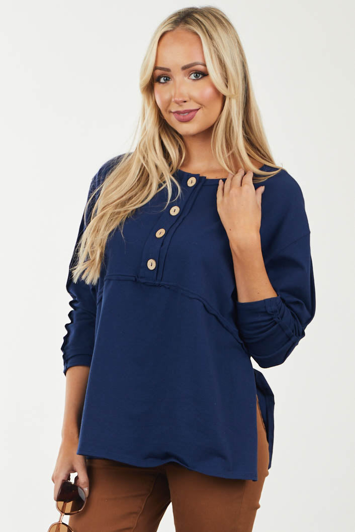 Navy Loose Fit Babydoll Button Knit Top