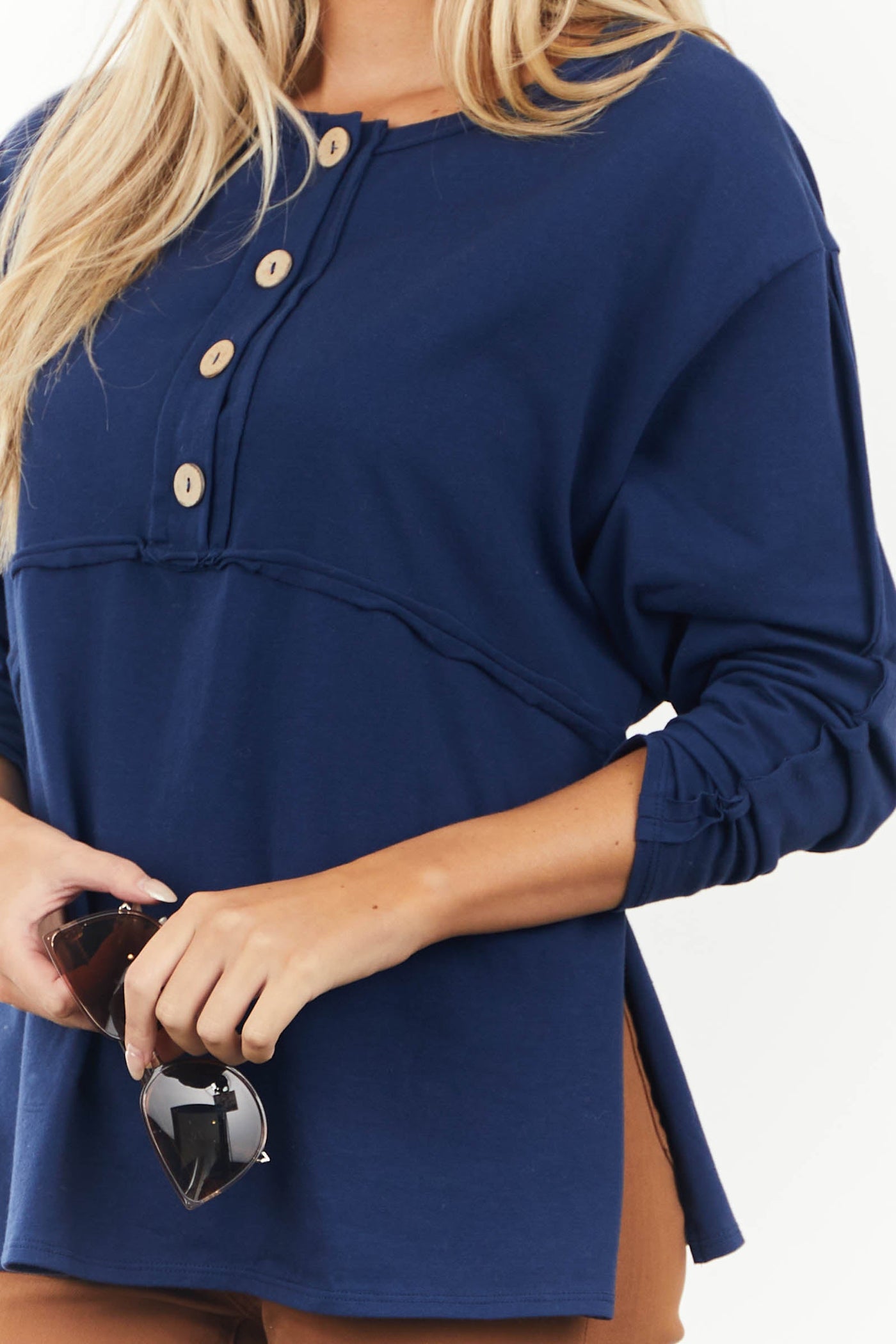 Navy Loose Fit Babydoll Button Knit Top