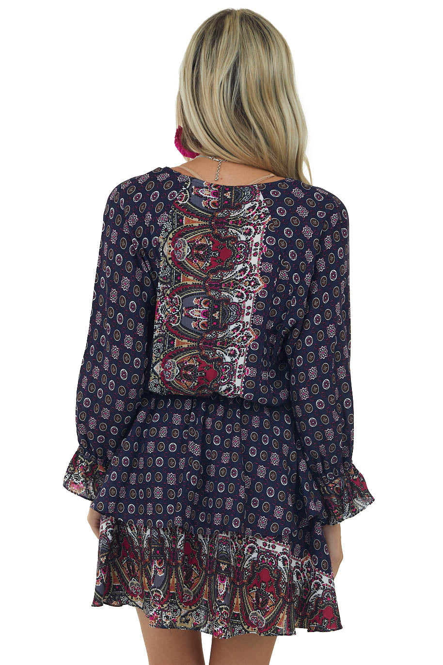 Navy Multiprint Surplice Long Sleeve Tiered Short Dress