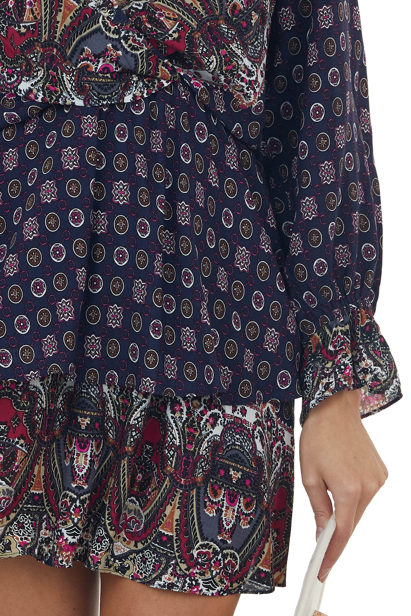 Navy Multiprint Surplice Long Sleeve Tiered Short Dress