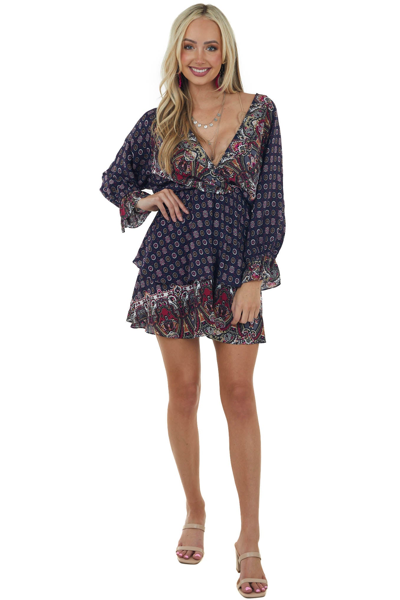 Navy Multiprint Surplice Long Sleeve Tiered Short Dress