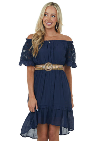 Navy Off Shoulder Bell Sleeve Short Dress