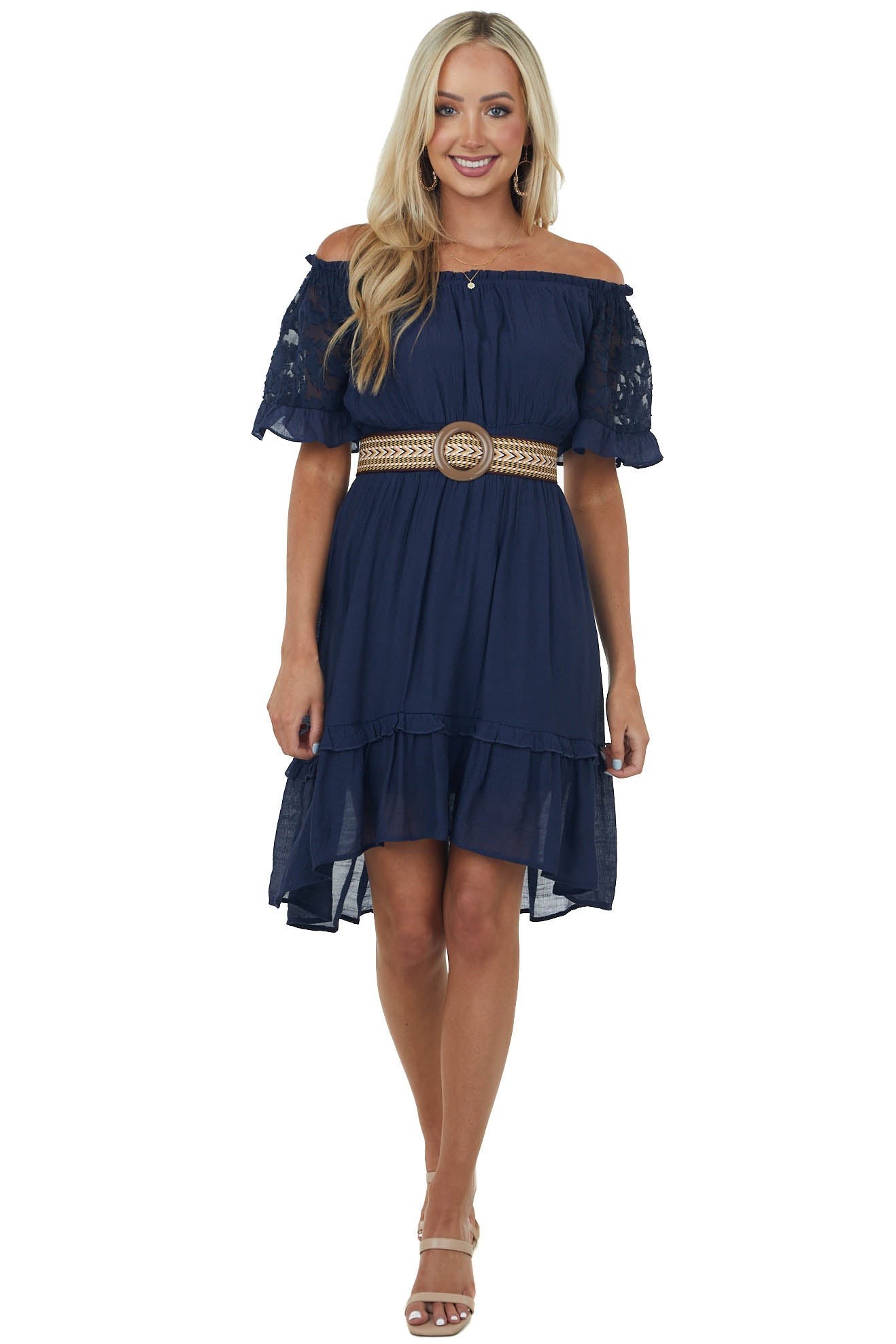 Navy Off Shoulder Bell Sleeve Short Dress
