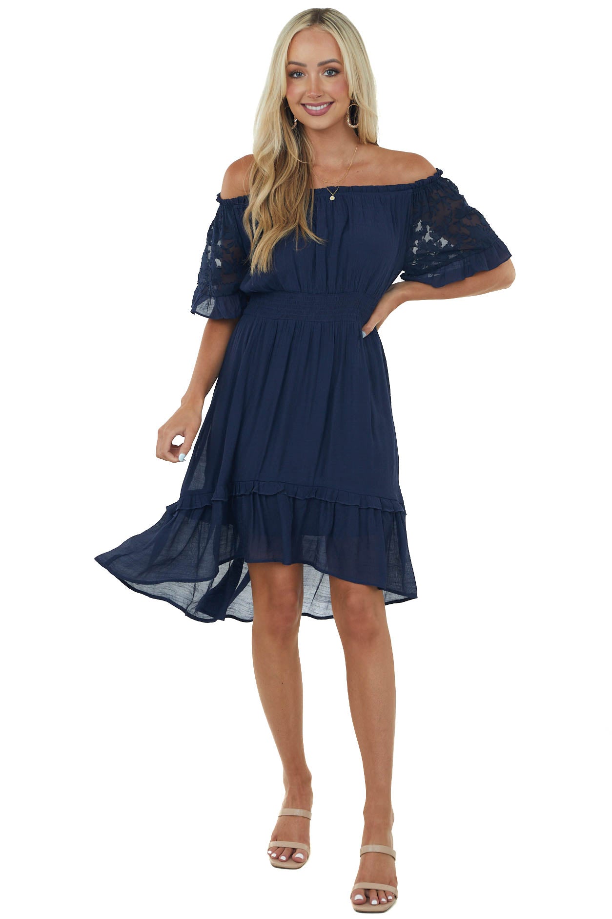 Navy Off Shoulder Bell Sleeve Short Dress