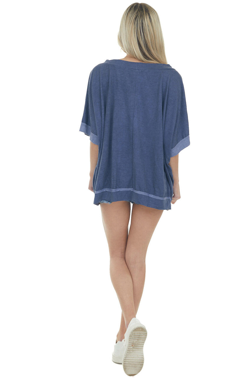 Navy Oversized Raw Seam Short Sleeve Top