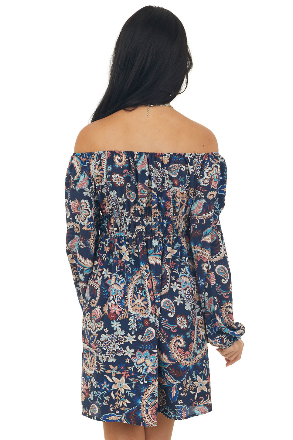 Navy Paisley Print Bubble Sleeve Short Dress
