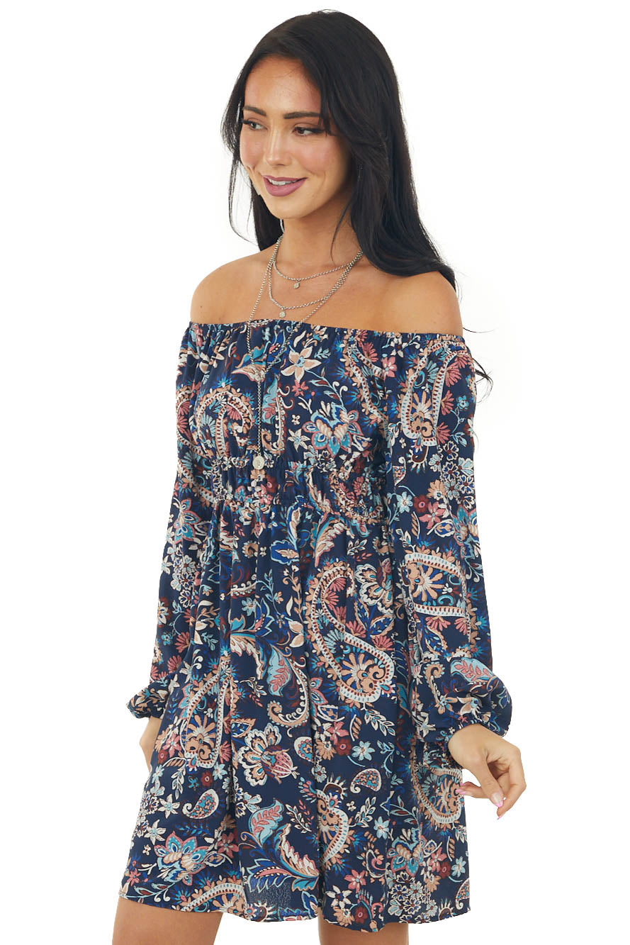 Navy Paisley Print Bubble Sleeve Short Dress