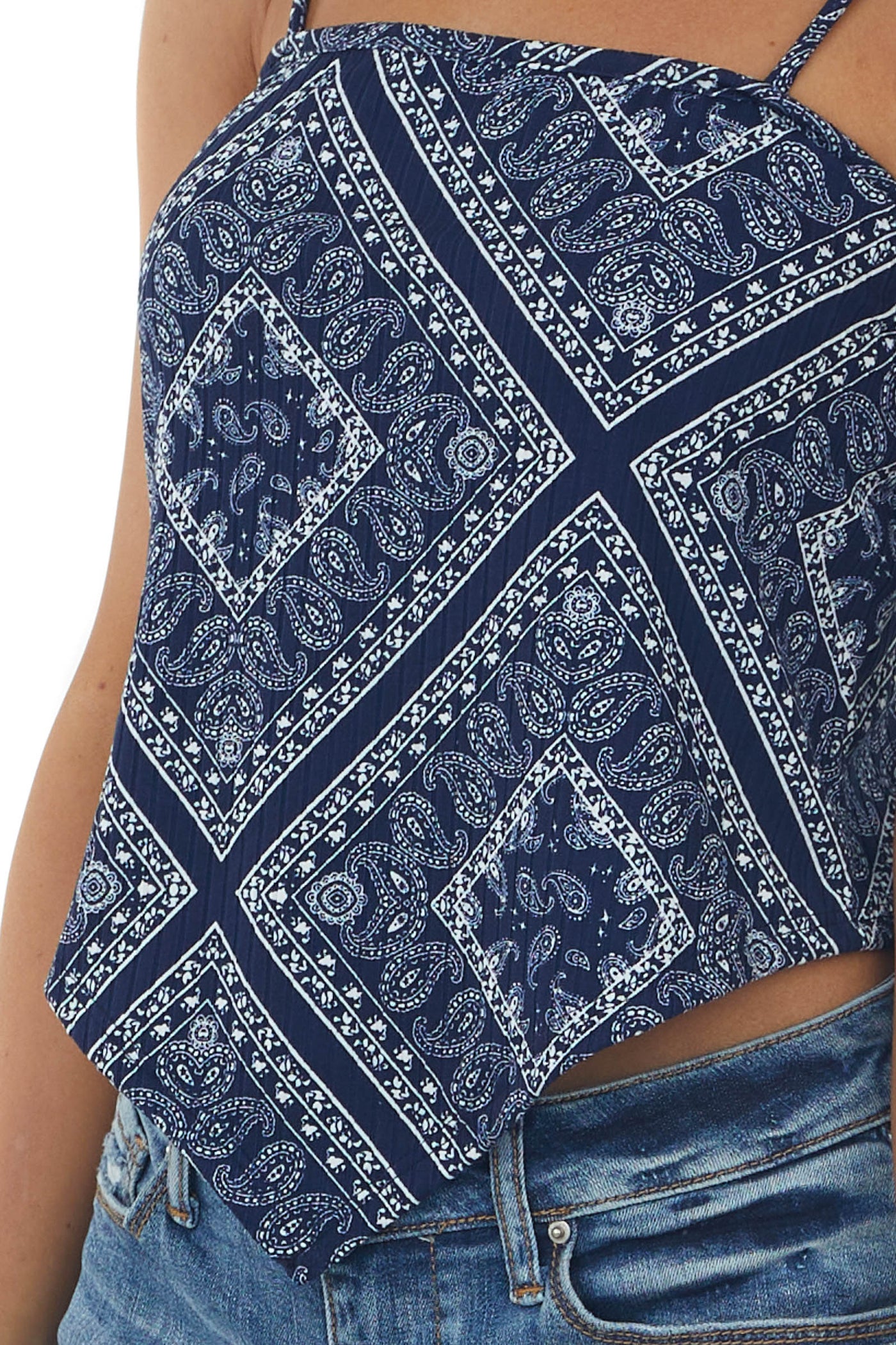 Navy Paisley Print Sleeveless Knit Tank Top