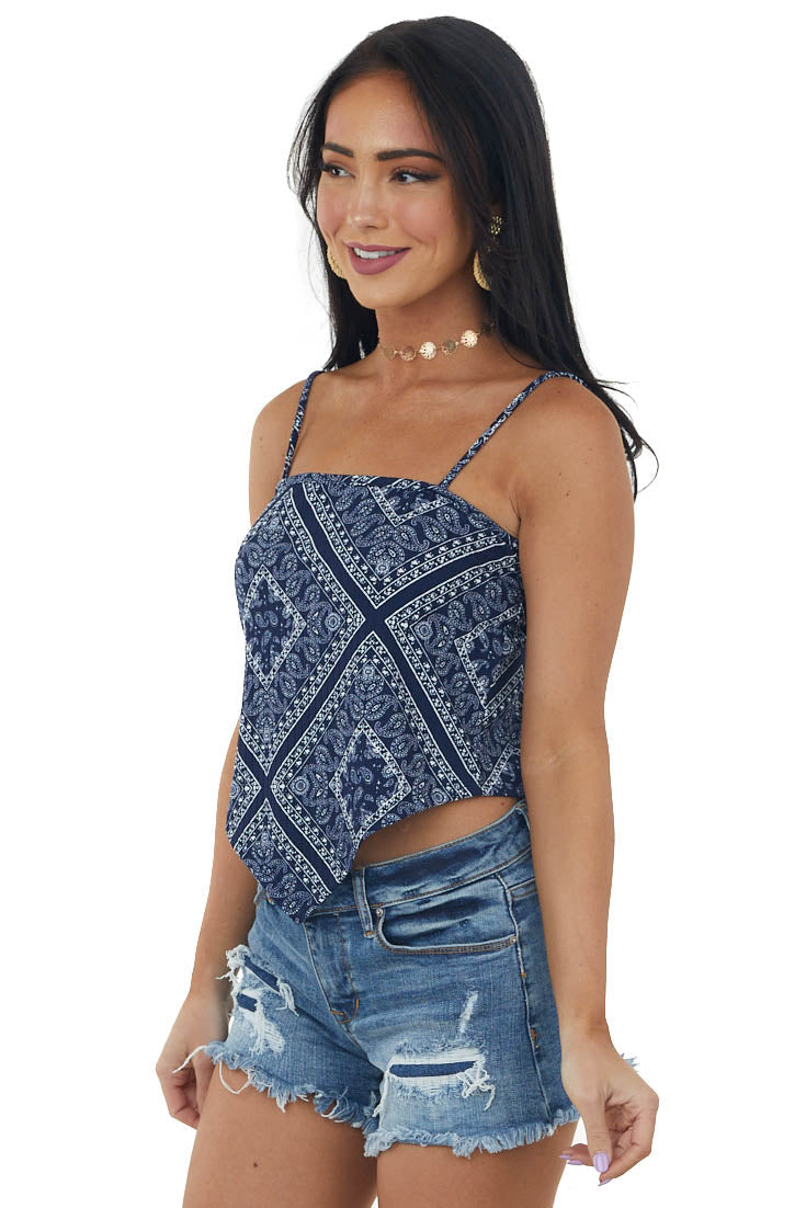 Navy Paisley Print Sleeveless Knit Tank Top