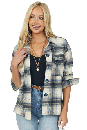 Navy Plaid Button Down Long Sleeve Shirt Jacket