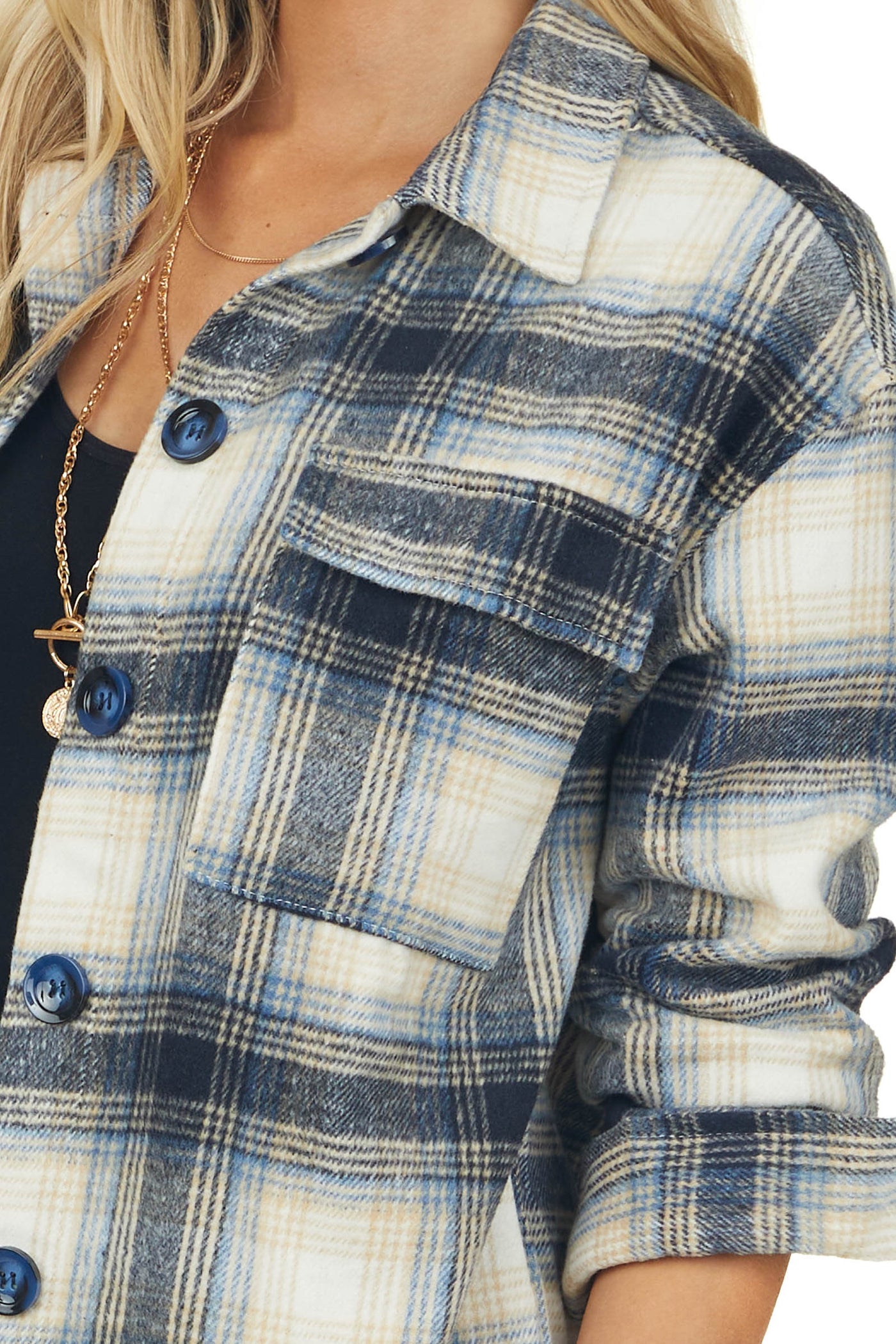 Navy Plaid Button Down Long Sleeve Shirt Jacket