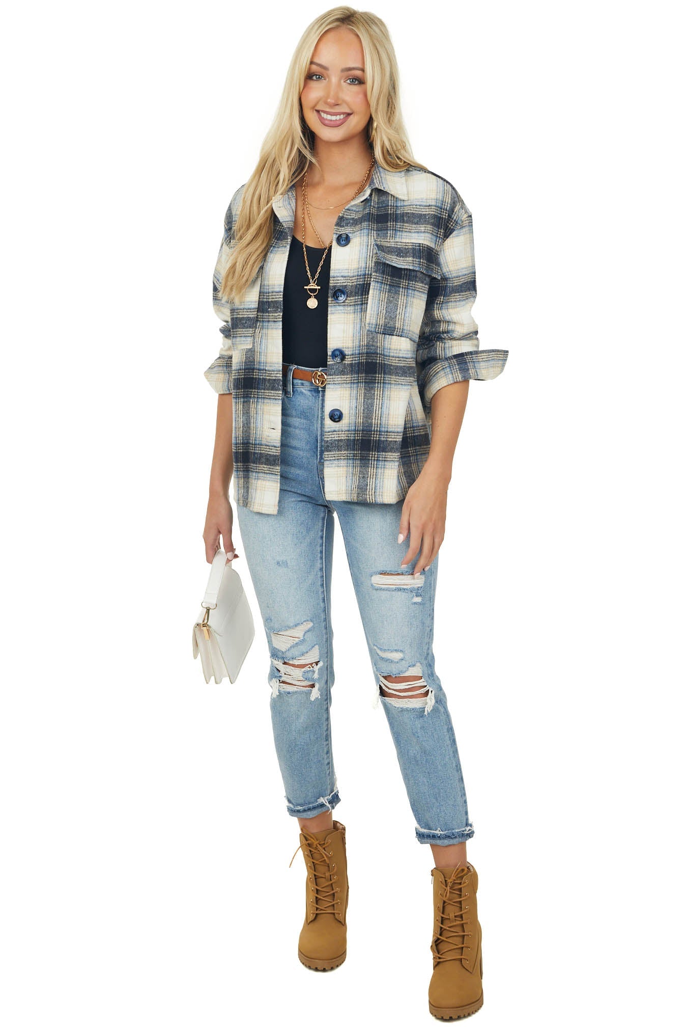 Navy Plaid Button Down Long Sleeve Shirt Jacket