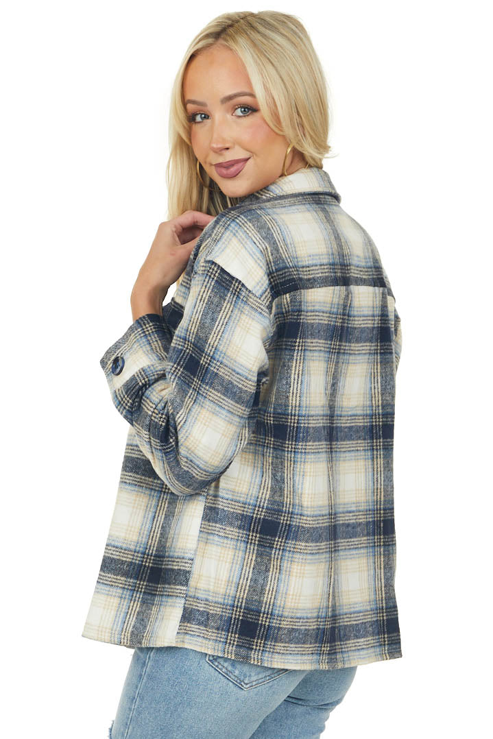 Navy Plaid Button Down Long Sleeve Shirt Jacket