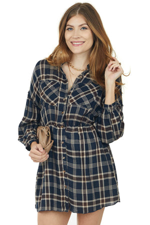 Navy Plaid Button Up Long Sleeve Shirt Dress