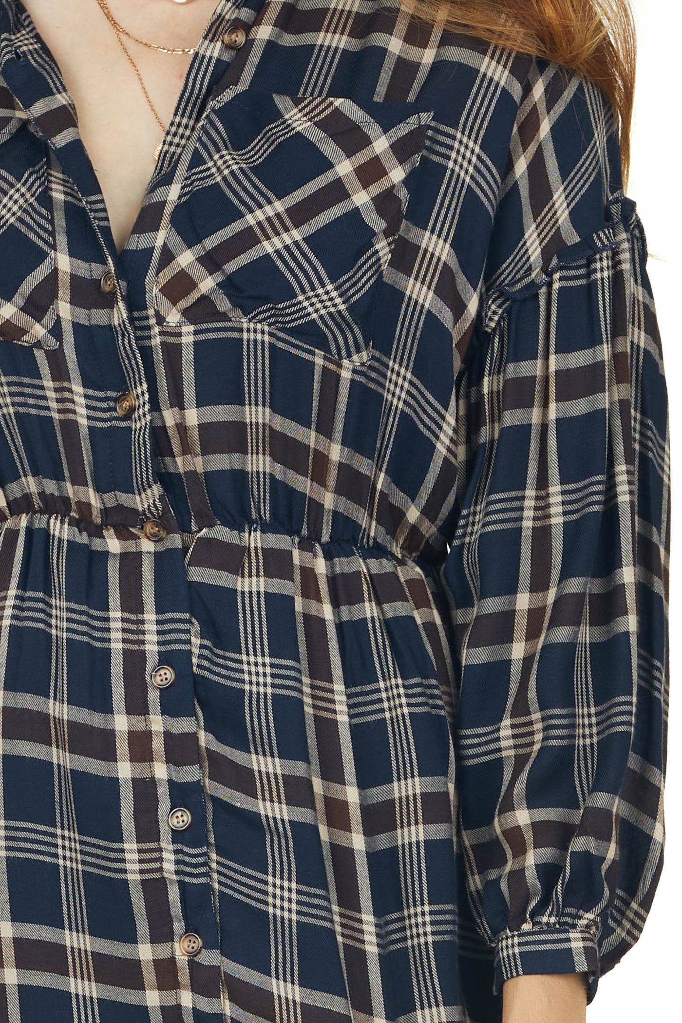 Navy Plaid Button Up Long Sleeve Shirt Dress