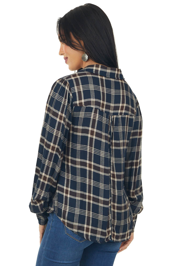 Navy Plaid Button Up Notch Neck Woven Flannel