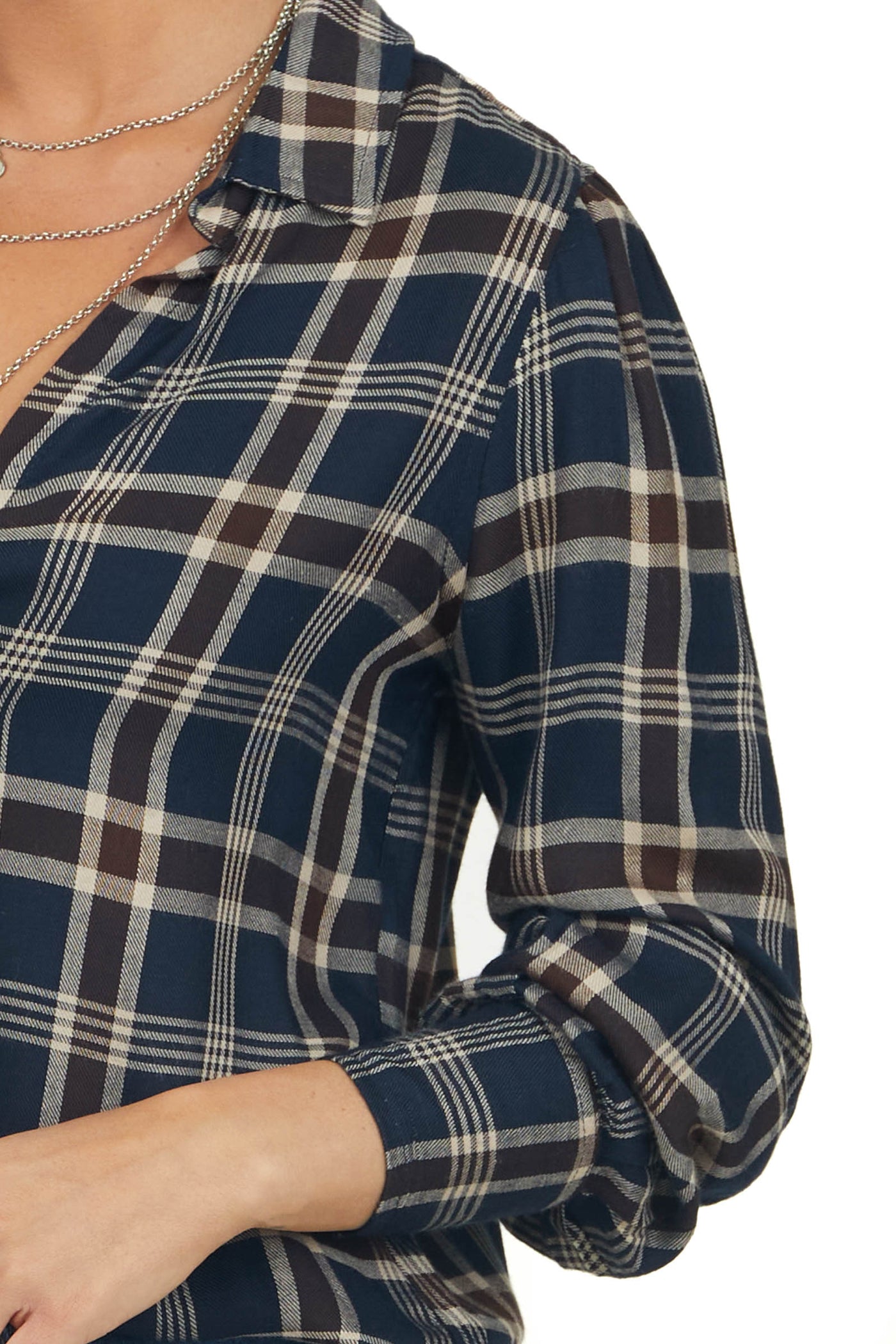 Navy Plaid Button Up Notch Neck Woven Flannel