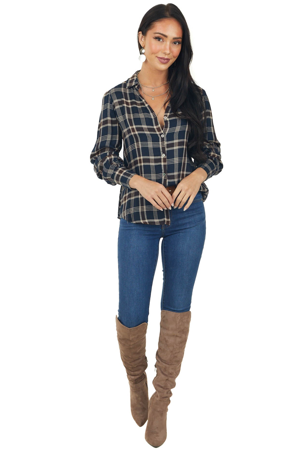 Navy Plaid Button Up Notch Neck Woven Flannel