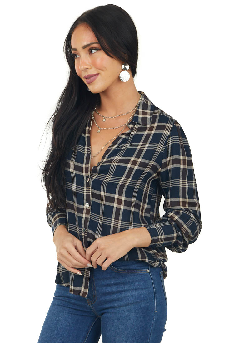 Navy Plaid Button Up Notch Neck Woven Flannel